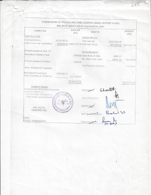 Audited Balance Sheet as at 31st March, 2007 - Chandigarh Police