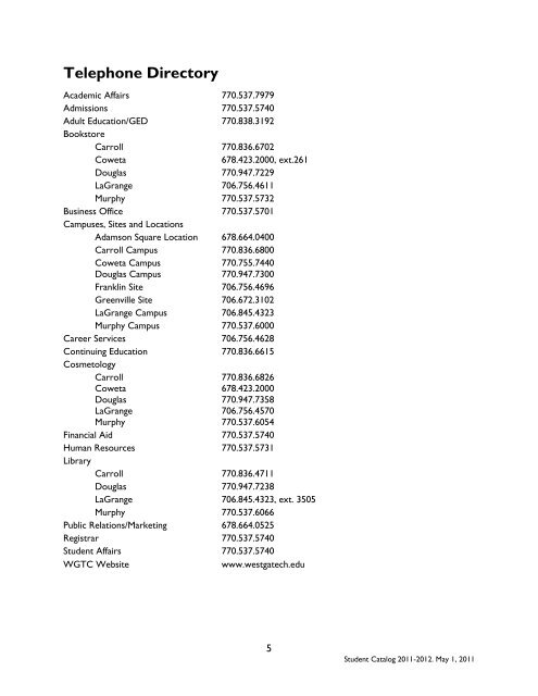 Student Catalog 2011-2012 - West Georgia Technical College