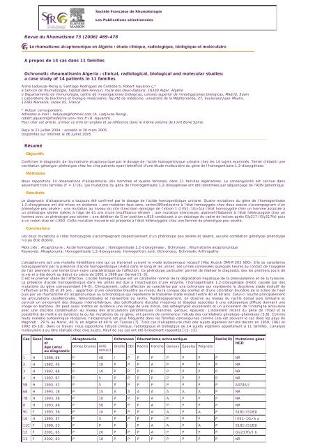 Le rhumatisme alcaptonurique en Algérie - Société Française de ...
