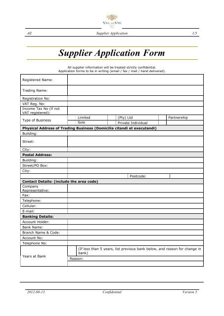 Supplier Application Form - Val de Vie