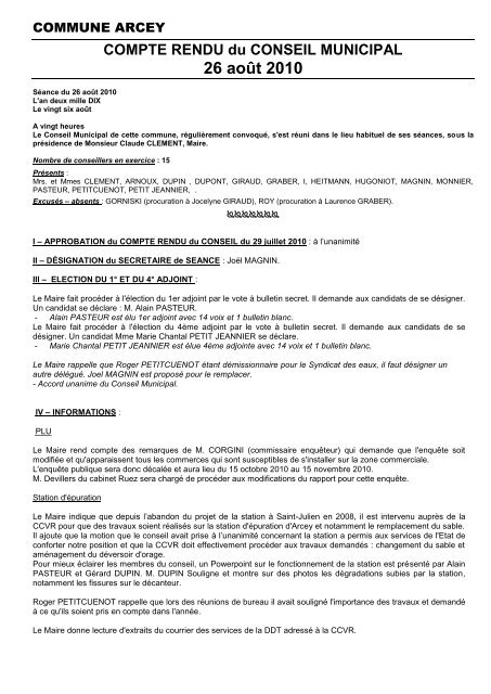 COMPTE RENDU du CONSEIL MUNICIPAL 26 août 2010 - Arcey