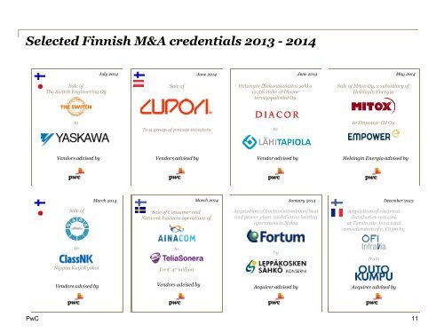 Selected Finnish M&A credentials 2011 - 2013 - PwC