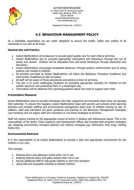 4.3 BEHAVIOUR MANAGEMENT POLICY - Autism Bedfordshire