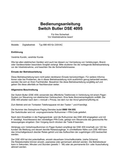 Bedienungsanleitung Switch Butler DSE 409S - Elbro AG