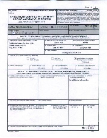 Export License Amendment Application from PathFinder ... - NRC