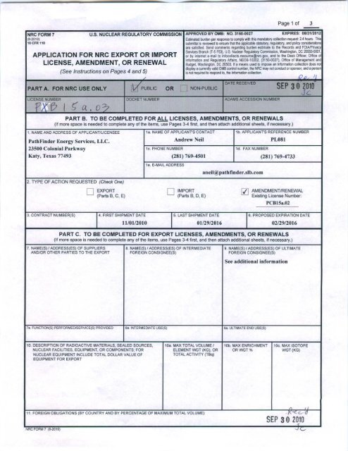 Export License Amendment Application from PathFinder ... - NRC