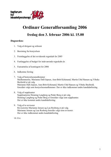 OrdinÃ¦r Generalforsamling 2006 - Faggruppen for IdrÃ¦tsfysioterapi