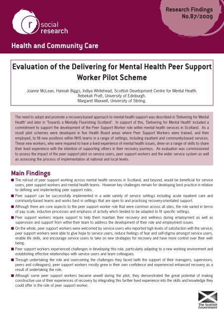 Evaluation of the delivering for mental health peer support worker ...