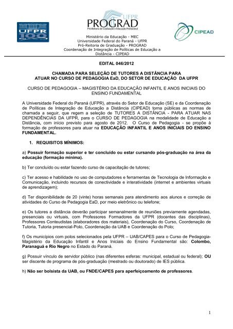 Edital 46/2012 SeleÃ§Ã£o de tutores a distÃ¢ncia Pedagogia ... - CIPEAD