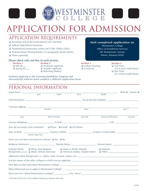 Application for Admission - Westminster College