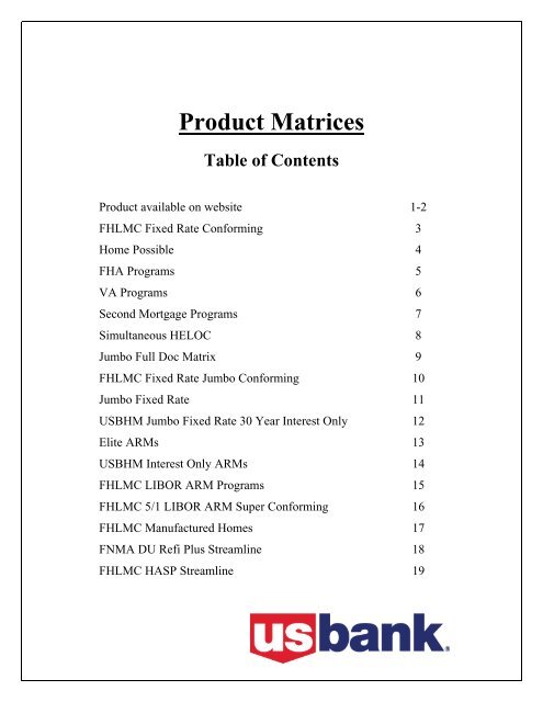 Cover - Product Matrix Guide - U.S. Bank