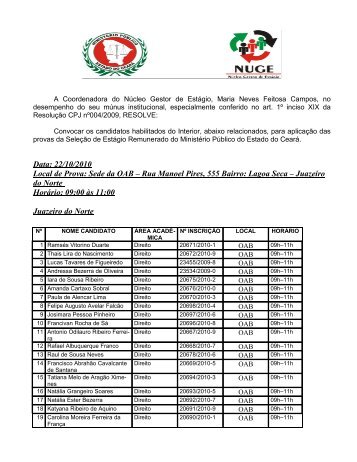 Edital NÂº 007/2010 - Lista de ConvocaÃ§Ã£o para Provas - Interior