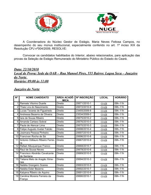 Edital NÂº 007/2010 - Lista de ConvocaÃ§Ã£o para Provas - Interior