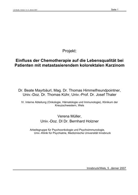 Einfluss der Chemotherapie auf die Lebensqualität bei Patienten mit ...