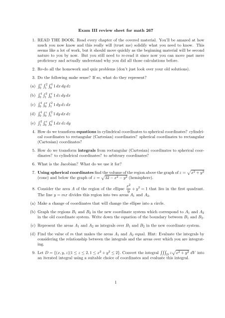 Exam III review sheet for math 267 1. READ THE BOOK ... - Stankewitz