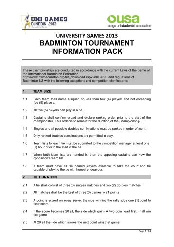 BADMINTON TOURNAMENT INFORMATION PACK - OUSA