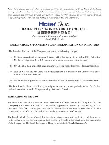 resignation, appointment and redesignation of directors - Haier ...
