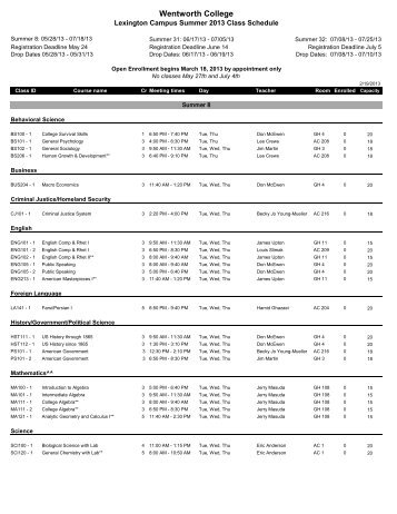 Lexington (Main Campus) Summer Schedule