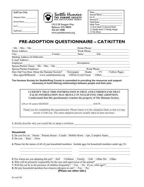 Pre-adoption questionnaire - cat/kitten - Seattle Humane Society