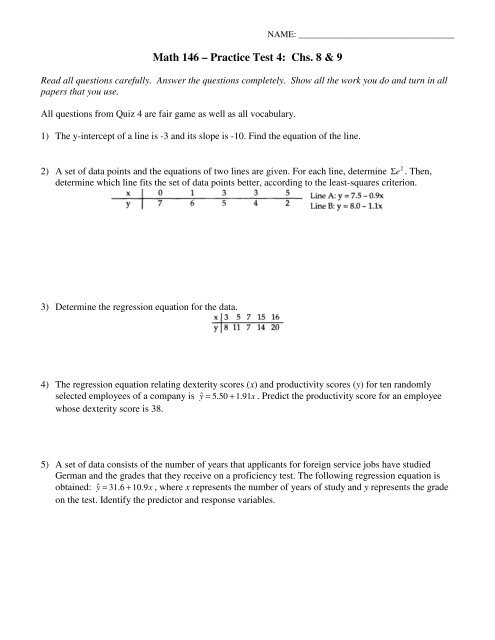 Math 146 Ã¢Â€Â“ Practice Test 4: Chs. 8 & 9