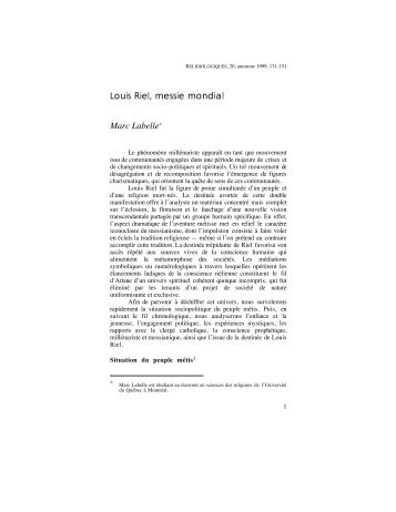 Louis Riel, messie mondial Marc Labelle* - Religiologiques