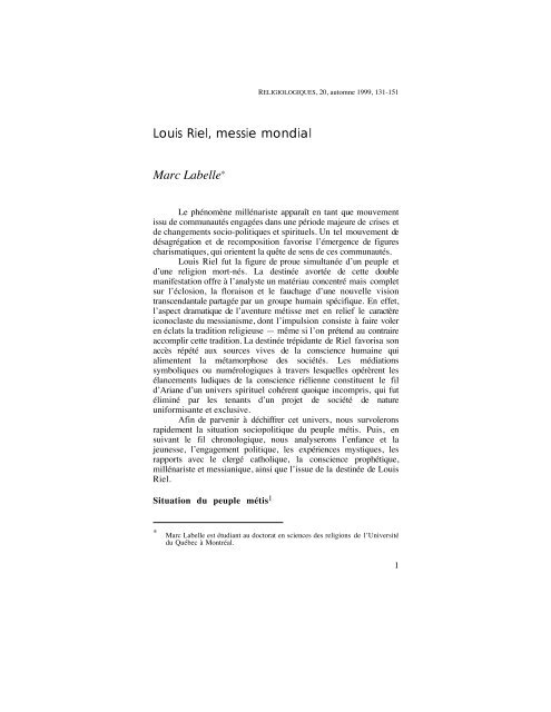 Louis Riel, messie mondial Marc Labelle* - Religiologiques