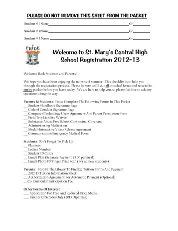 Registration forms - St. Mary's Central High School