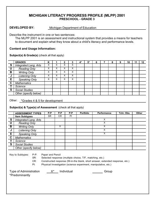 michigan literacy progress profile &#40;mlpp&#41; 2001 - Washtenaw ...