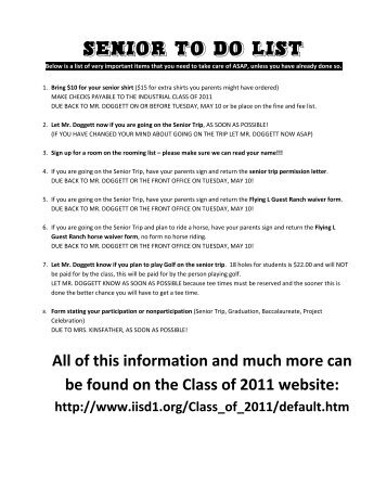 senior to do list & permission forms - Industrial ISD