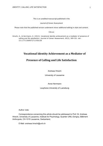 Vocational Identity Achievement as a Mediator of ... - Andreas Hirschi