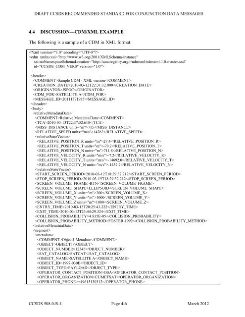 CCSDS 508.0-R-1, Conjunction Data Message (Red Book, Issue 1 ...