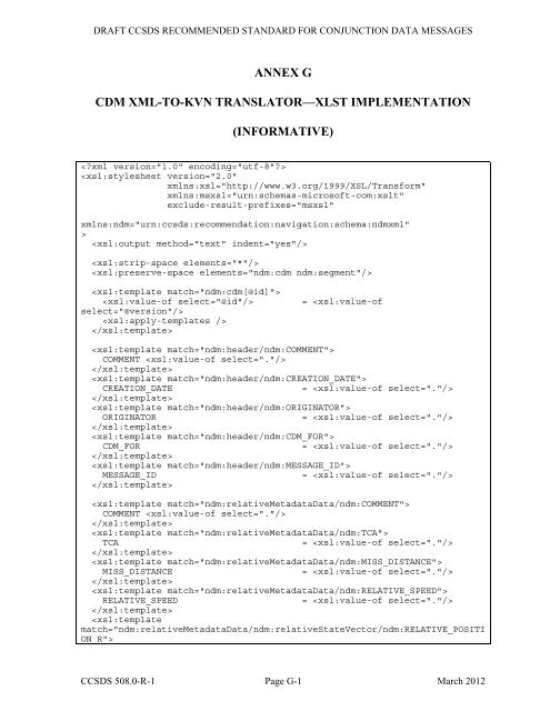 CCSDS 508.0-R-1, Conjunction Data Message (Red Book, Issue 1 ...