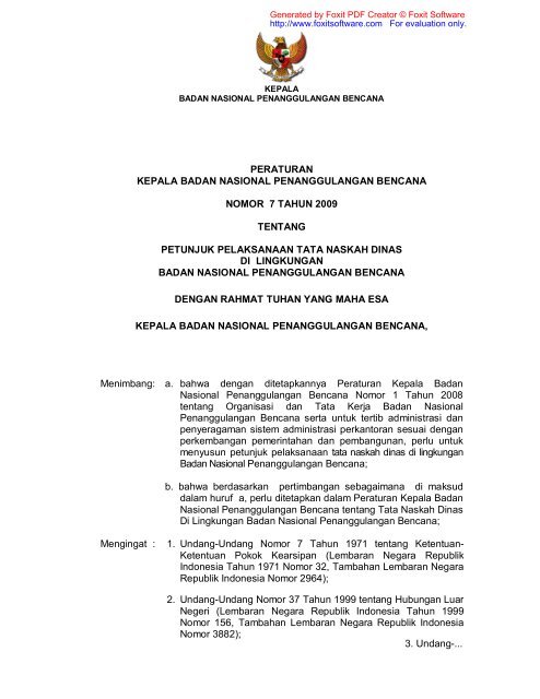 Peraturan Kepala BNPB No.07 Tahun 2009