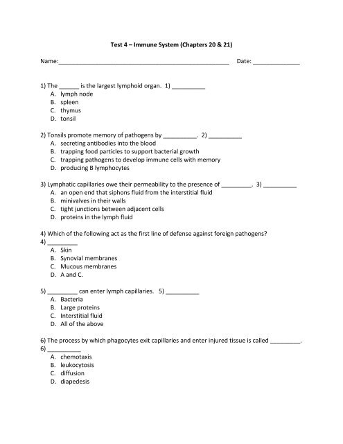 Test 4 â Immune System &#40;Chapters 20 & 21&#41; Name ... - Next2Eden