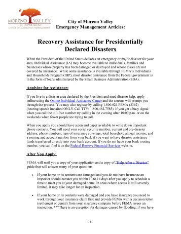 Recovery Assistance for Presidentially Declared Disasters
