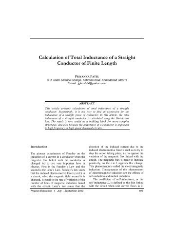Calculation of Total Inductance of a Straight Conductor of Finite Length