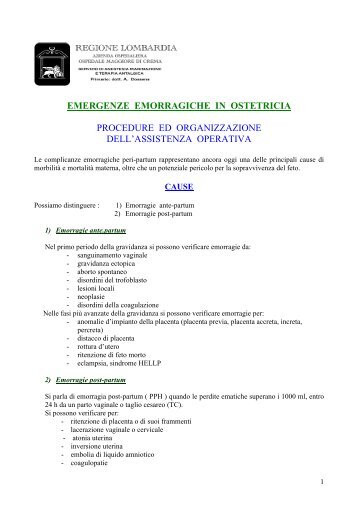emergenze emorragiche in ostetricia - Anestesia e terapia del dolore
