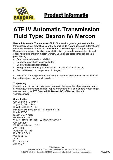 ATF IV Automatic Transmission Fluid Type: Dexron IV ... - Bardahl