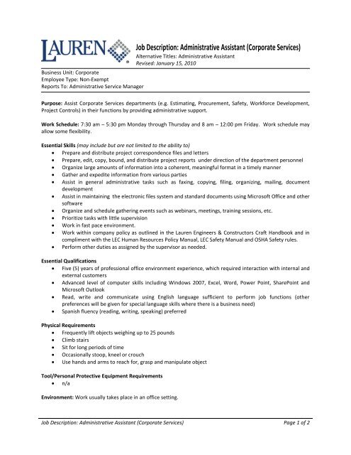 Job Description: Administrative Assistant (Corporate Services)