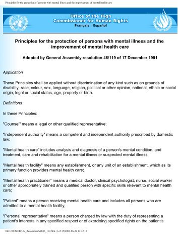 Principles for the protection of persons with mental illness and the ...