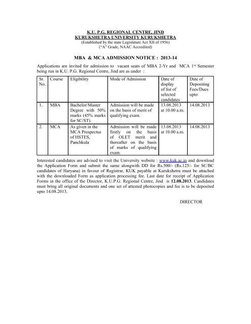 Admission Notice and Form for MBA (2 Year) - Kurukshetra University