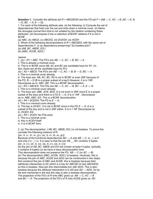 Question 1 Consider The Attribute Set R Abcdegh And The Fd Set F