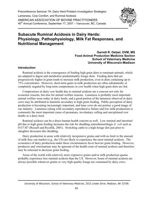 Subacute Ruminal Acidosis in Dairy Herds - University of Wisconsin ...