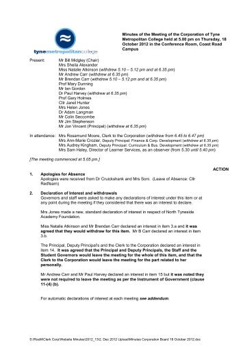 Format for Governors Meeting Minutes - Tyne Metropolitan College