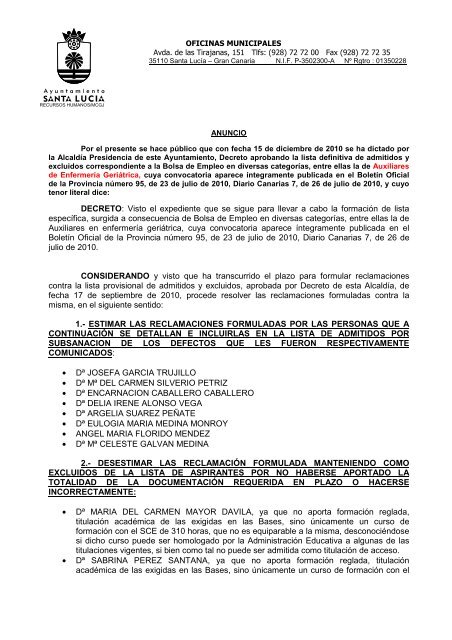 Anuncio de lista Definitiva de Admitidos y Excluidos para la Lista de ...