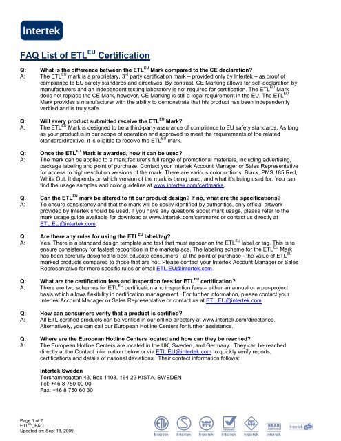 FAQ List of ETL Certification - Intertek