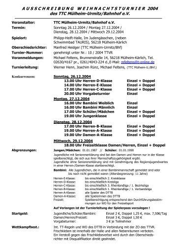 AUSSCHREIBUNGWEIHNACH TSTURNIER 2004 des TTC - TTVR