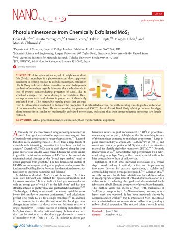 "Photoluminescence from Chemically Exfoliated MoS2" Nano Lett.