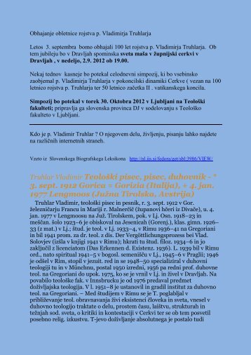 Truhlar Vladimir TeoloÅ¡ki pisec, pisec, duhovnik - * 3. sept. 1912 ...