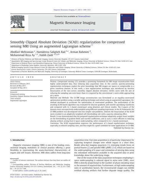 (SCAD) regularization for compressed sensing MRI Using ... - PINLAB